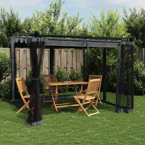 Festnight Pavillon Pergola mit Schiebedach 3x3 m Gartenpavillon Überdachung Terrasse mit Seitenwänden Moskitonetz Ausziehbarem Dach Terassenüberdachung Freistehend Sonnenschutz