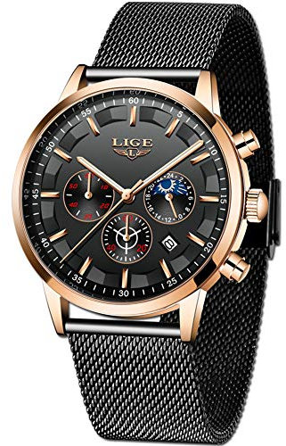 LIGE Herrenuhr Militär Chronographen Herren Wasserdicht Analog Armbanduhr Gold Schwarz Großes Ziffernblatt Leuchtende Datum Uhren fur Männer Klassische Elegantes Geschenk