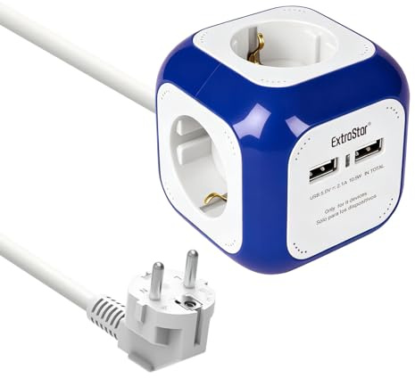 EXTRASTAR Steckdosenwürfel mit 2 USB(5V/2.1A) & 4-Fach, 1.5M Kabel, Marine | Mehrfachsteckdose Würfel mit Kindersicherung 3G1.5mm² für Büro, Heim oder Reise, Navy Blau