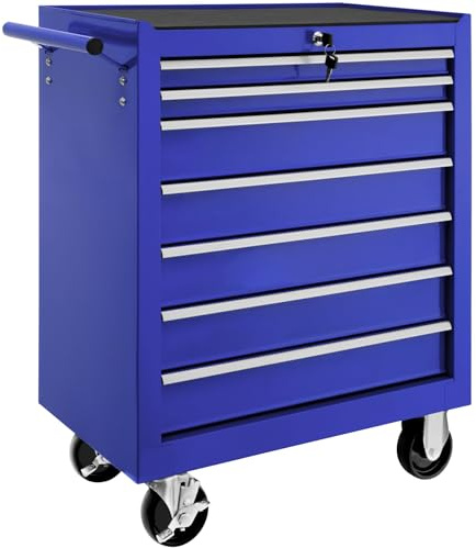 tectake ® Carrito Auxiliar con Ruedas, 7 Cajones, Revestido en Polvo, Organizador de Herramientas, Caja de Herramientas Vacía, Armario Metálico, Carro Taller, Ruedas con Freno - Azul