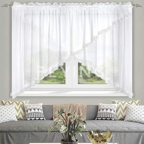 Schöne Fertiggardine Fenstergardinen aus Voile Gardinen mit Kräuselband dekorative Gardine mit Zirkonia Kurz Design Weiß Faltenband Kräuselband LB-195N
