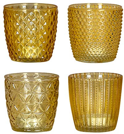 4er Set Windlicht H7,5cm Glas Gelb Teelichthalter Kerzen Retro Kerze Kerzenhalter Tischdeko Deko