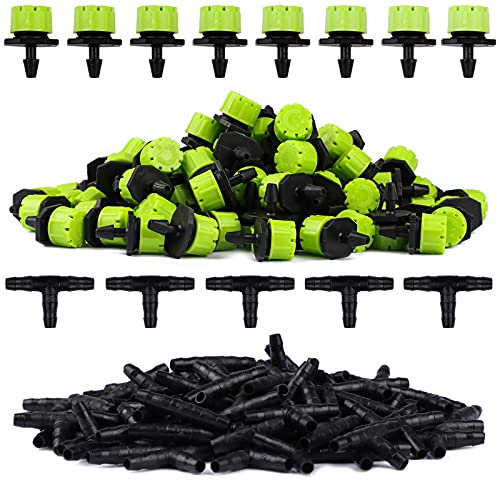 Kalolary Micro Garden Irrigation Kit, 100pcs Irrigation Dripper + 100pcs Tee Connector Drip Irrigation Tee Pipe Automatic Irrigation Watering System Set