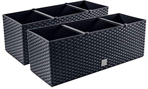PAFEN 2X Blumenkasten Blumentopf Rattan-Optik Pflanztopf Balkonkasten Pflanzkästen, Anthrazit