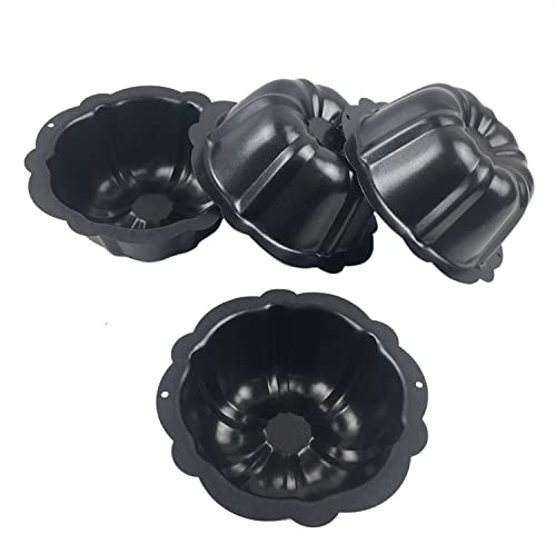 LoveDeal 4 Inch Fluted Tube Cake Pan, Nonstick Mini Kugelhopf Mold, Carbon Steel Fluted Baking Cake Pans, Metal Round Pumpkin Shaped Mould for Muffin, Brownie, Pudding - Black, Set of 4