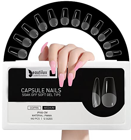 Beautilux Capsule Americaine Ongle Ballerine Moyen, Capsules Ongles Coffin Medium Transparente Acrylique 552 Pièces 12 Tailles, Soak Off Faux Ongles Pose Americaine Pour Manucures à Domicile