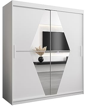 E- MEUBLES Armoire de Chambre avec 2 Portes coulissantes et Miroir Style Contemporain Penderie (Tringle) avec étagères (LxHxP): 180cmx200cmx62cm BOLA (Blanc), 180cm