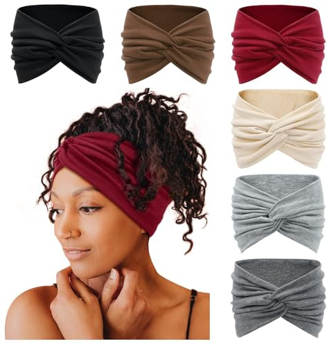 Tobeffect 7'' Extra Wide Headbands for Women, Large Thick Turban Head Wrap Headband, Boho Bandana Head Bands for Women's Hair, Non Slip Workout Yoga Hairband Hair Accessories, 6 Pack