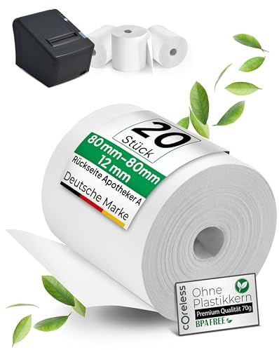 coreless - 50 Thermorollen 80mm x 80mm x 12mm mit Apotheker A ohne Plastikkern - Rolle aus Thermopapier