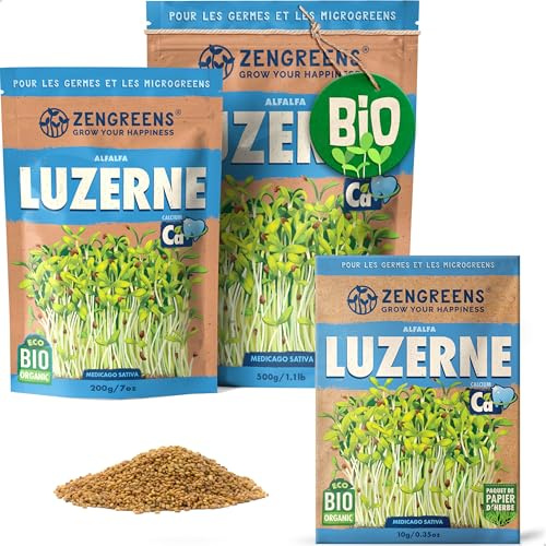 ZenGreens® - Semillas de alfalfa ecológico - Elija entre 10g, 200g y 500g - brotes de lucerna - germinación de más del 97% - Microgreens