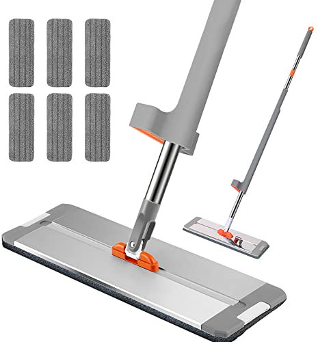 Flach Wischmopp, großer Flacher Mopp Reinigungsmopp mit Aluminiumlegierungsplatte und 6 Ersatz Mikrofaser Mopp Pads, Edelstahlgriff, Mikrofaser-Flachmopp für Hartholz, Laminat, Fliesenboden