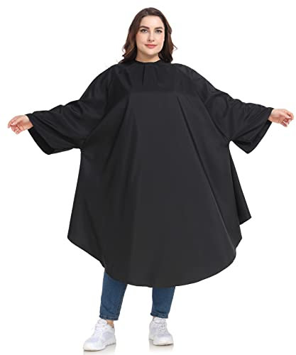 Salon Hairdressing Gown with Sleeves - Large & Long Adult Hair Cutting Barbering Cape with Adjustable Snap Closures, Soft & Light Barber Hairdresser Haircut Capes for Men and Women, Black, Large