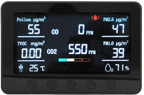 Monitor de Calidad del Aire, Detector de Dióxido de Carbono Monitor de Dióxido de Carbono Medidor CO2 Temperatura Humedad TVOC PM2.5 PM1.0 Detector de Prueba (Enchufe de la UE)