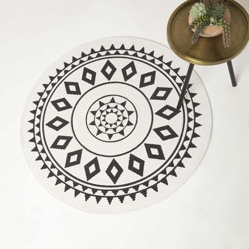 Homescapes Runder Teppich Lia schwarz-weiß Gemustert 90 cm, Baumwoll-Teppich geflochten, Teppich rund geometrisch