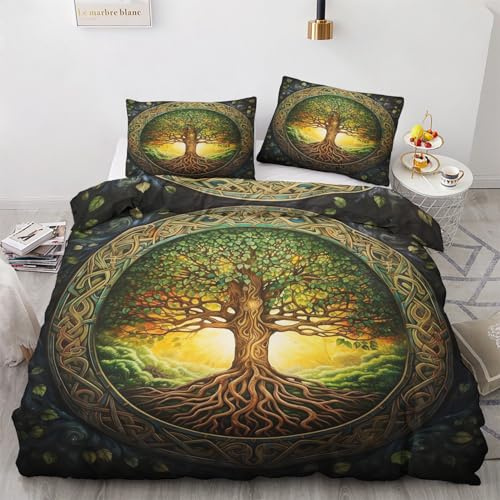 Baum Des Lebens Bettwäsche 135x200 Winter - Wikinger Bettbezug 135 x 200 2er Set, Wendebettwäsche und Kissenbezug 80x80, Weiche & Angenehme & Warme Mikrofaser Bettwäsche-sets mit Reißverschluss