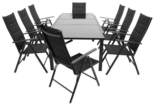 DEGAMO Gartengarnitur Sitzgruppe Torino 9-teilig, 8X Klappsessel aus Aluminium anthrazit und gepolstertem Textilgewebe in schwarz + 1x Ausziehtisch Aluminium + Glas 180/240x100cm, anthrazit
