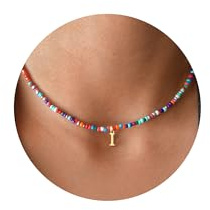 TINGN Charm Initial Necklaces for Women Trendy, Colorful Beaded Necklace Letter I Boho Initial Charm Necklace Jewelry for Women Gifts