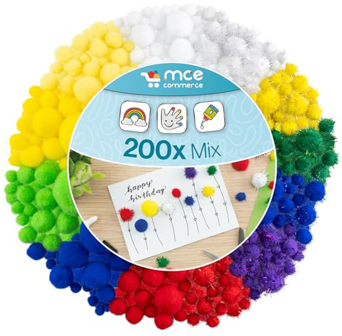Bunte Pompons zum Basteln, 200 St. 10mm-45mm mix, bunt