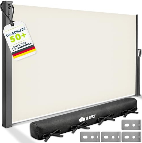 tillvex® Toldo Lateral 200 x 300 cm Extensible y Opaco con Cubierta | Protección Visual para balcón, jardín y terraza | Estor Lateral con Soporte de Pared | Protección Solar de Acero Inoxidable
