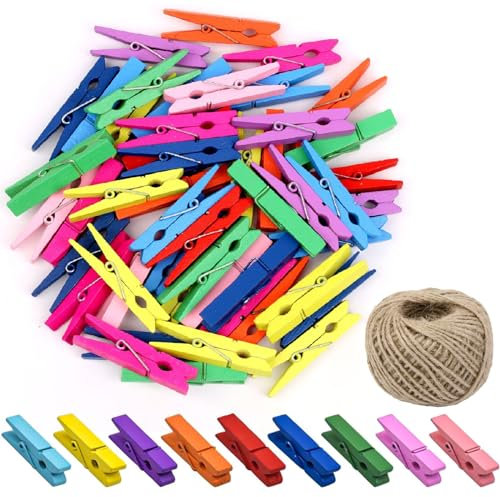 120Pcs Mini Wooden Pegs, Multicolor Small Wooden Photo Pegs Colored Wooden Picture Pegs Craft Wooden Laundry Clips Clothes Pegs with 40M of Jute String for Decorative Photo Wall Hanging Photos