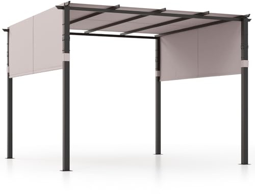 HOMASIS 305 x 305 cm Pergola, Gartenpavillon mit 2 einziehbaren Überdachungen, wasserdichter Paviilon mit Sonnenschutz, Gazebo mit Metallrahmen & 8 Erdnägeln, Gartenzelt für Garten Terrasse (Grau)
