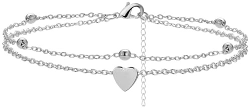 Bkemkri Tobillera, Tobillera de mujer, Colgante de acero inoxidable en forma de corazón, Tobillera doble de plata para mujer, Pies de plata ajustables de acero inoxidable