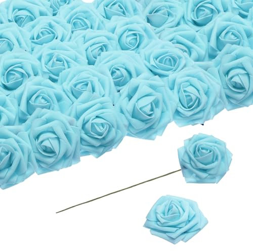 QUARKZMAN 25 Stück Schaumrosen Künstliche Blumen, Gefälschte Rosen mit Stielen Schaum Real Touch Faux Rosen für Hochzeit Party Büro Duschen Hausdekoration, Hellblau