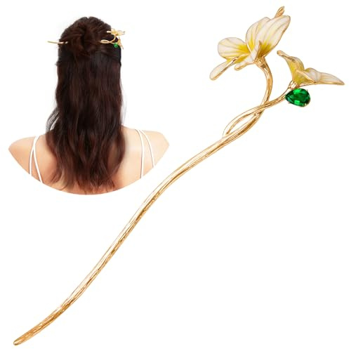 KZQtriid Hair Accessories,14k Gold Plated Copper,Vintage Handcrafted,6.69 Hair Chopsticks For Women,Colour Enamels Zirconia Jasmine Hair Stick,Hair Clip