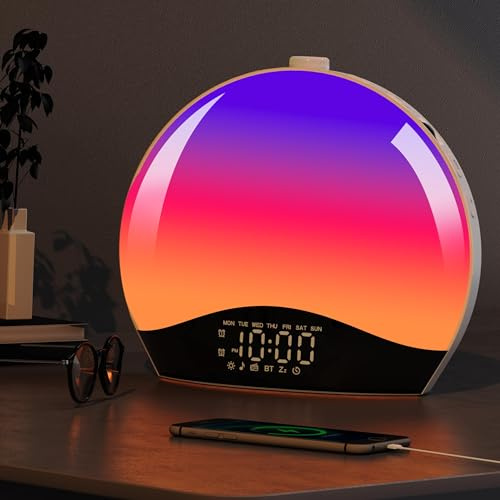 Sveglia con luce di risveglio, sveglia per bambini, Bluetooth, con 22 suoni rilassanti, 17 luci notturne a colori, simulazione dell'alba, doppia sveglia, radio FM, snooze, regalo ideale