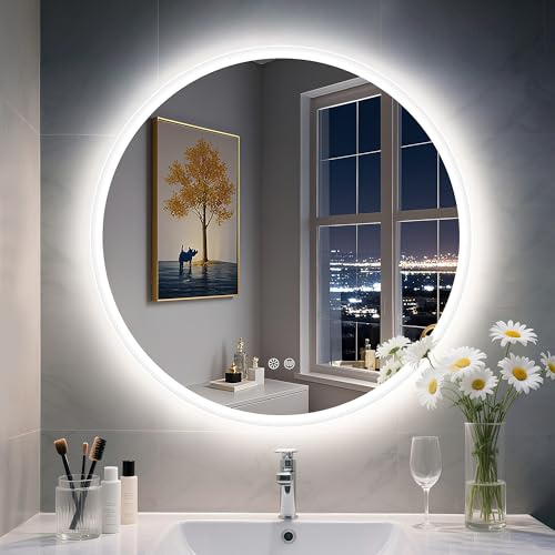 S'bagno Runder-Badspiegel-mit-Beleuchtung-60cm, Badezimmer-Spiegel-mit-Beleuchtung und Entfoggen, 3000K/4000K/6500K, Dimmbar, HD-gehärtetes Glas, Speicherfunktion, IP44-LED-Badspiegel