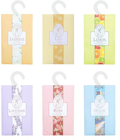 Tabanzhe Scented Sachet Bags-6PCS Wardrobe Drawer Fresheners Natural Mothproof Agent 6 Fragrances Natural Hanging Sachets for Clothes Room Closets(Lavender/Jasmine/Rose/Lily/Lemon/Ocean)