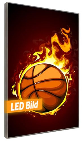 Leuchtbild I Basketball Feuer I LED Wandbild Sport I Leuchtende Leinwand mit Rahmen - Made in Germany (Basketball Feuer, 75x50 cm, Rahmen: Holz Flora)