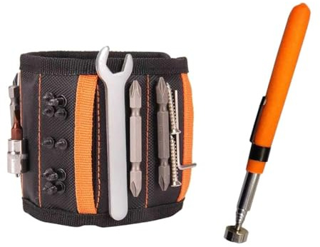 Fluox Fuya Magnetic Wristband for Tools - 15 Powerful Magnets for Holding Screws, Gifts for Men, Dad, Birthday Gifts for him, Husband（Inc.Telescopic Magnetic Pick up Tool）