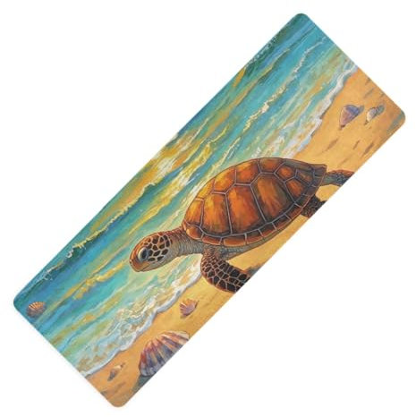 Hot Yogamatte mit Cartoon-Schildkröte, Strandspaziergang, Sonnenuntergang, bedruckt, rutschfest, aus Naturkautschuk, mit Yoga-Tasche, 180,3 x 66 cm