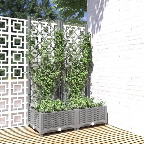 Myheimly Pflanzkübel mit Rankgitter Blumenkübel Pflanzkasten Blumentopf Blumenkasten Rankhilfe Spalier Gartenspalier,PP Pflanzkübel Hellgrau,80 x 40 x 121.5 cm