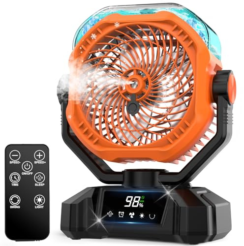 Multper Camping Ventilator mit Wasserkühlung & LED-Licht, 20000mAh Akku Outdoor Sprühnebel Ventilator mit 360ml Wassertank, 5 Stufiger Leistungsstarker USB Zelt Tischventilator zum Angeln Picknick