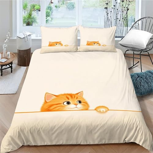 TMMDH Bettwäsche 135x200 Bettbezug Winter Bettwäsche-Sets Orange Katze Muster Weich Hypoallergen Baby Bettwäsche Set mit 2 Kissenbezüge 80x80 cm, Geeignet für Jungen Mädchen Kinder
