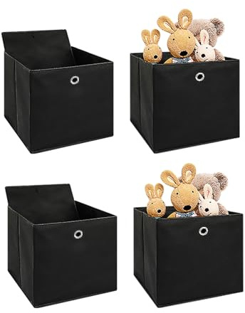 Generisch 4er Faltboxen 32x32x32 cm – Aufbewahrungsboxen aus Stoff mit Griffloch – Faltbare Würfelboxen für Kallax Regal, Raumteiler, Kinderzimmer & Büro (Schwarz, 4er Set)