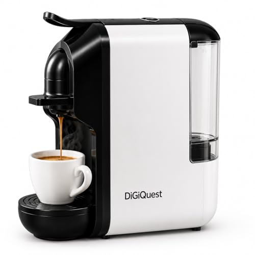 DIGIQUEST Cafetera COFFY WHITE 3 en 1 compatible con Nespresso® Dolce Gusto® y A Modo Mio® | Café corto y largo | 1450 W de potencia | 0,6 litros | 19 bar | Edición limitada