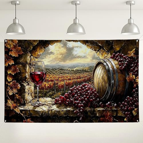 Toile de fond murale de vigne de vin, bannière de fond rustique pour photographie, tonneau de vin de raisin, décorations d'intérieur/extérieur pour fêtes, festivals, événements d'automne 180 x 109 cm