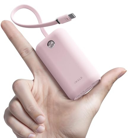 iWALK Mini Power Bank Portátil 10000mAh, Cargador Rápido USB-C 22.5W con Cable Integrado, Batería Ultracompacta para iPhone 17/16/15 Series, Samsung y Google, Rosa