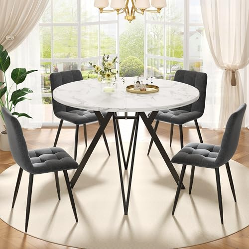 Gxffipw Essgruppe Esstisch mit 4 Stühlen Set für 4 Personen, Esstisch Rund 100cm mit Schwarz Metallbeinen und 4 Grau Leinen Esszimmerstühle, Weiße Tischplatte, Esszimmermöbel, Küchenmöbel