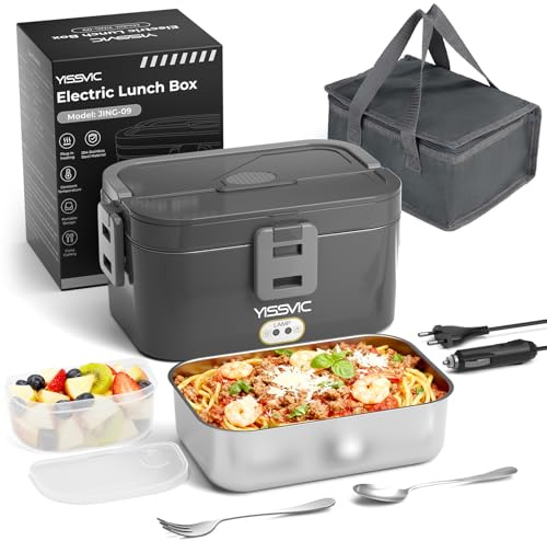 YISSVIC Scaldavivande Elettrico Portatile 1.8L 80W con Borsa Termica 4 in 1 (12V/24V/220V-240V), Acciaio Inox Riscaldamento Rapido, Forchetta e Cucchiaio Inclusi, Ideale per Auto, Ufficio, Viaggi