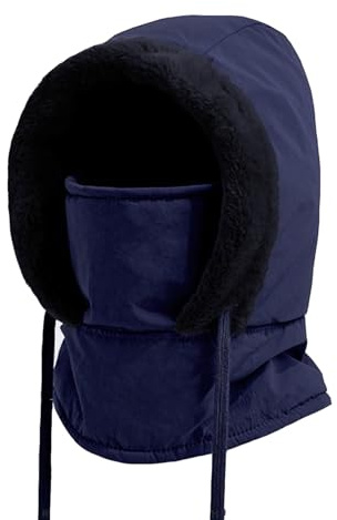 Vossmi Cagoules Femmes d'hiver Peluche Chaud Echarpe Capuche Femme Réglable Chapeaux Bonnet Echarpe 2 en 1 Cagoule Ski Homme Polaire,Bleu Marine Taille Unique