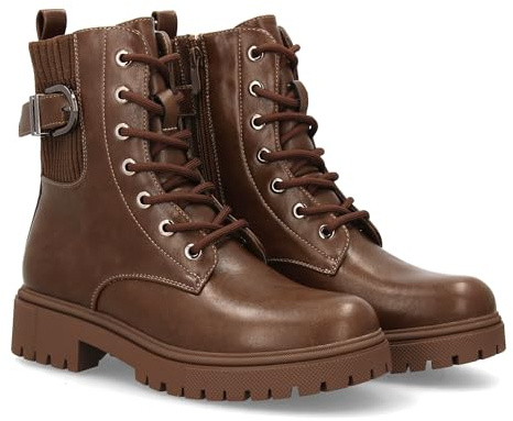 96448 Botines de Tacon para Mujer, Comodos y Elegantes, Detalle de Hebilla, con Suela Dentada, Punta Redonda, Cierre de Cordones y Cremallera Lateral, Ideales para Otono-Invierno. Kaki Talla 39
