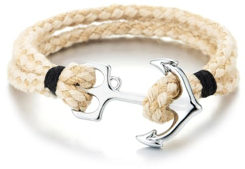COOLSTEELANDBEYOND Pulsera con Ancla de Cuerda Natural para Hombre con Cierre de Gancho Plateado – Pulsera Náutica para Playa y Mar