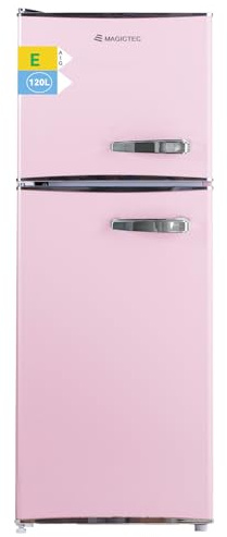 magictec Retro Kühlschrank mit Gefrierfach | 120L(88L/32L) | Low Frost | Kühl Gefrier Kombination | Vintage Design | LED Beleuchtung | Rosa | Nach links öffnende Tür