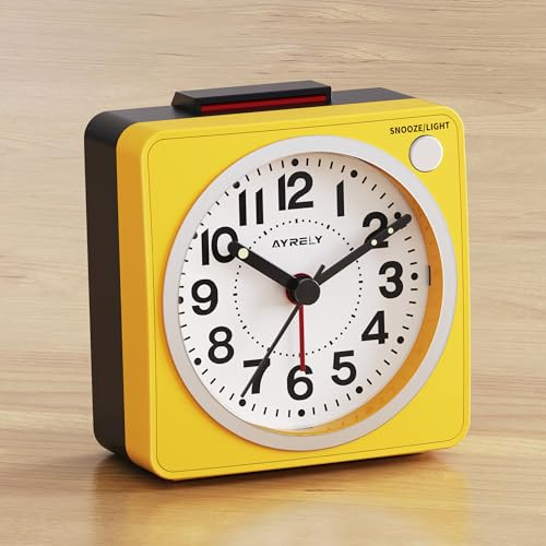 AYRELY® 2.6 × 1.4 Ultra Small Battery Operated Analog Travel Alarm Clock, Silent Non-Ticking with Snooze and Light, Retro Bedside Table Clock for Bedroom, Easy Top Alarm Switch (Yellow)