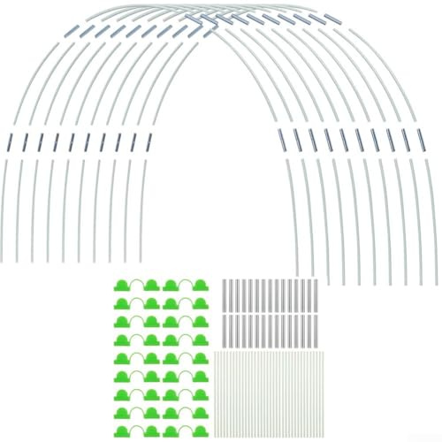 Zilimontt Lot de 25 cerceaux de jardin pour filet, construction en fibre de verre et métal, piquets et connecteurs amovibles pour support de plantes, cadre de serre et plate-bande surélevée