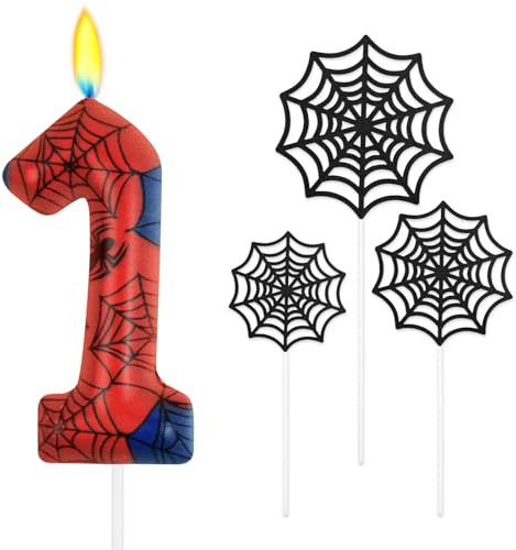Alaoo Spinnennetzkerzen Zahlen 1, Geburtstagskerzen Zahlen 1 | Blau Rot Kerzen mit Spinnennetz, Spinne Thema Geburtstagskerzen fürJungen Spinnen Motto Halloween Party Karneval